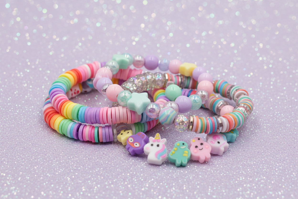 KIDS BEADED BRACELETS WITH SPARKLING LIGHT PURPLE BACKGROUND